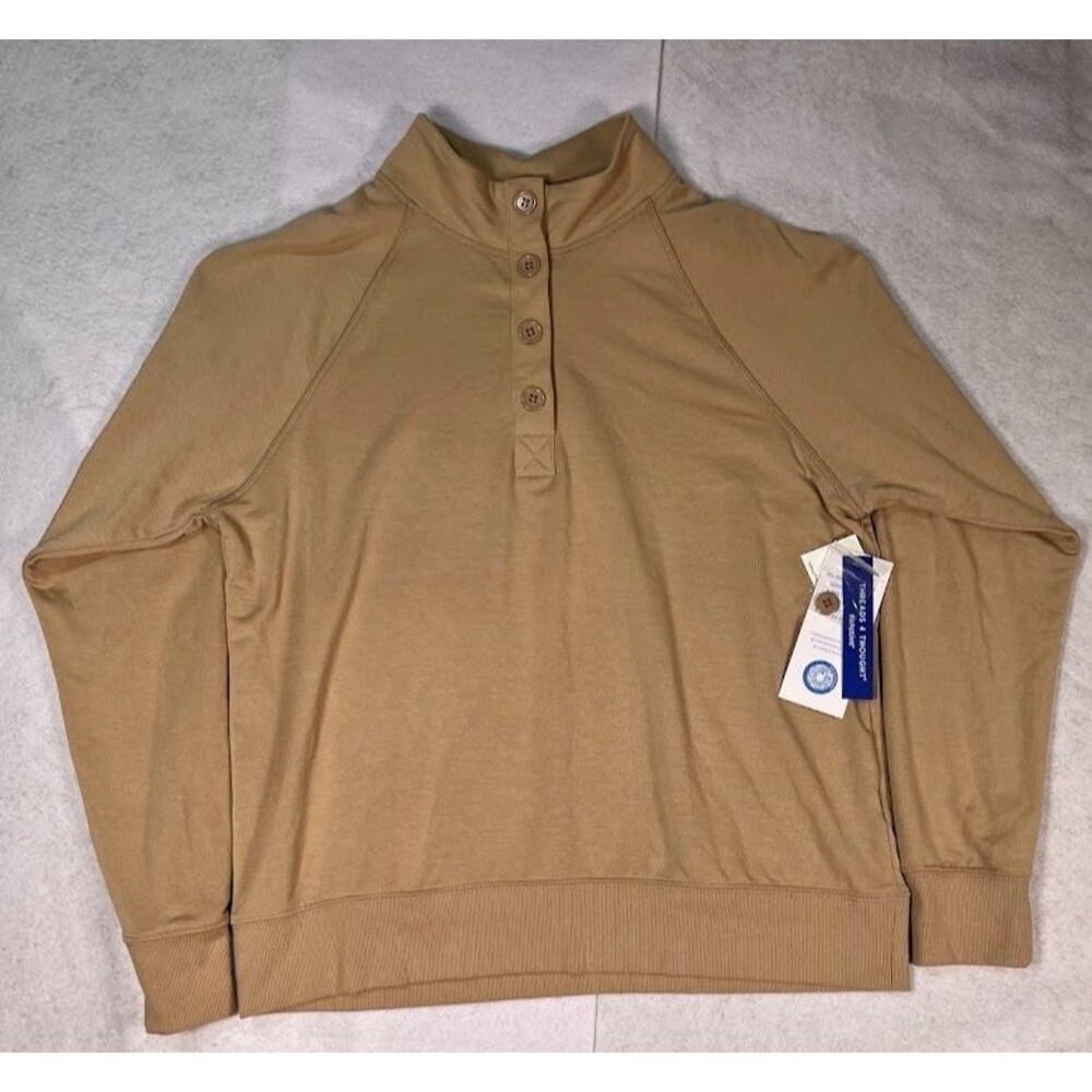 Threads 4 Thought ReActive Henley Sweatshirt Womens L Camel Tan Mock Neck NEW